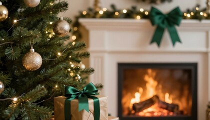 Gift Under Christmas Tree With Ornament In Interior With Fireplace And Abstract Defocused Lights