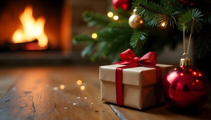 Gift Under Christmas Tree With Ornament In Interior With Fireplace And Abstract Defocused Lights