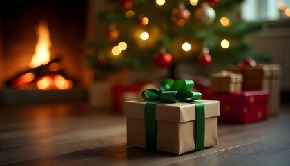 Gift Under Christmas Tree With Ornament In Interior With Fireplace And Abstract Defocused Lights