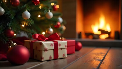 Gift Under Christmas Tree With Ornament In Interior With Fireplace And Abstract Defocused Lights