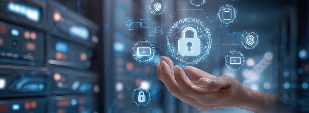 A hand holding a digital lock icon with other cybersecurity elements and server rack in the background