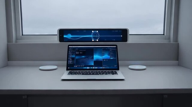Modern minimalistic workspace with laptop displaying digital interface and holographic screens on clean desk, soft studio light. Concept of future technology and digital innovation