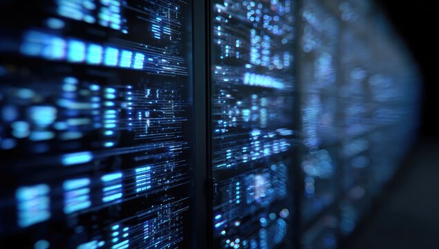 A side view depicts data servers ablaze with blue light, arrayed in a dimly lit setting