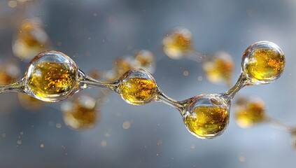 Macro close-up of connected molecular structures with glowing, liquid-filled spheres