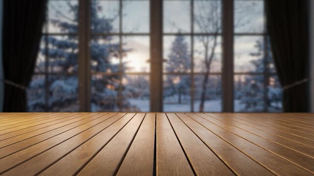 Warm wooden table surface with snowy window view, perfect for cozy winter scenes and home decor images