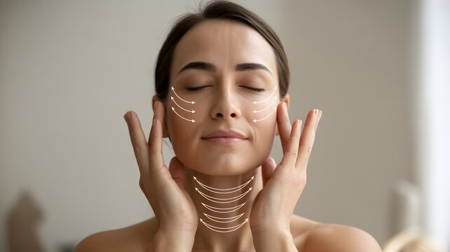 Woman performing face yoga massage on jawline and cheek to lift, tone, and relax facial muscle and reduce tension.
