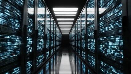 Data center server room with rows of computer racks and blue lights
