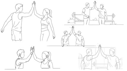 Two friends giving a high five after a successful workout session at the gym, minimalist line art vector illustration collection for fitness motivation and teamwork concepts