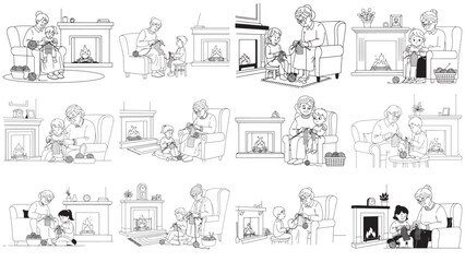Obraz premium Senior grandparent teaching a young child how to knit wool by a cozy fireplace, minimalist line art vector illustration set for family traditions and generational learning concepts