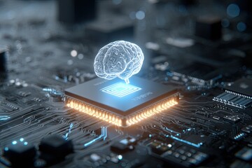 A glowing brain floats over a CPU, hinting at AI and technological advancements