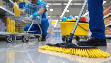 Close-up view of person mopping supermarket floor, other employee and products blurred