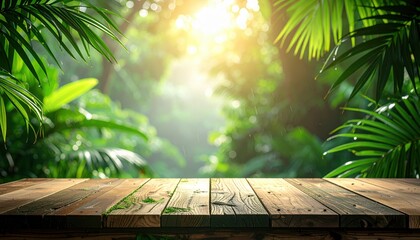 Empty Wooden Table Top With Blurred Green Tropical Rainforest Background For Product Display With Bright Golden Sunlight And Lush