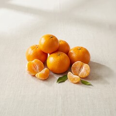 Fresh oranges arranged with slices and green leaves on fabric surface  
