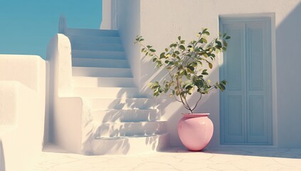 Sunny exterior featuring white steps and walls, a pink pot, and a blue sky