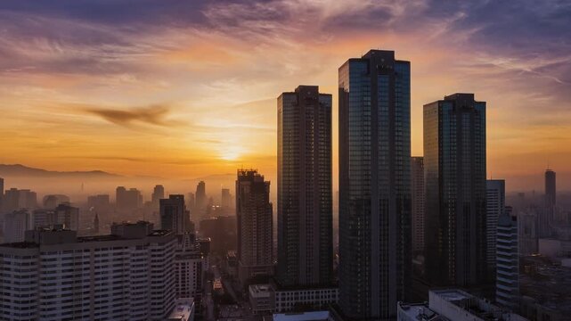 Breathtaking sunset over a bustling city skyline with skyscrapers and mountains in the background - Powered by Adobe