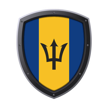 BARBADOS Shield Emblem, BARBADOS Flag Badge Icon with Metallic Protective Frame, High Quality Transparent PNG Design