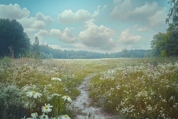 Calm hiking trail through a flower-filled meadow under a bright sky in summer