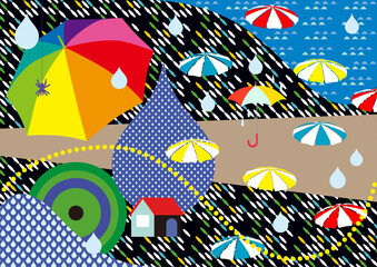 傘やパラソルがたくさんある楽しいイメージイラスト