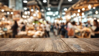 A rustic wooden table foregrounds a blurred image of a bustling market scene