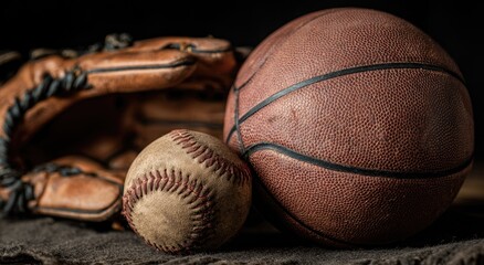 Still life of a baseball glove, ball, baseball, and basketball on a dark surface