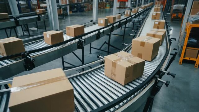 Efficient conveyor belt system transporting boxes in a modern warehouse for logistics and shipping