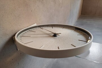 Minimal wall clock without numbers floating on concrete wall