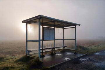 Empty rural bus stop in foggy landscape