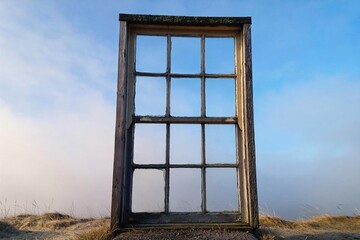 Old window frame standing outdoors against blue sky