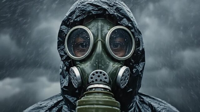 Person wearing gas mask and protective hood standing in dark rain representing nuclear apocalypse survival or toxic environmental pollution crisis