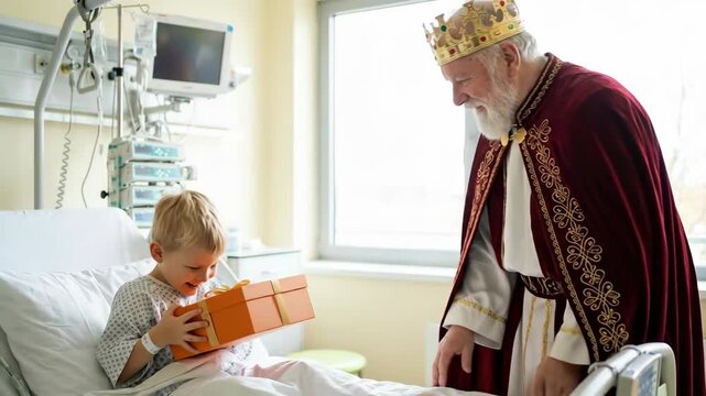 Wise man king visiting smiling sick child in hospital bed giving gift representing epiphany charity and hope during three kings day celebration