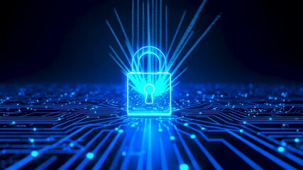 Glowing digital security lock rising above blue data grid with radiant light beams creating a modern cybersecurity and network protection scene - Powered by Adobe