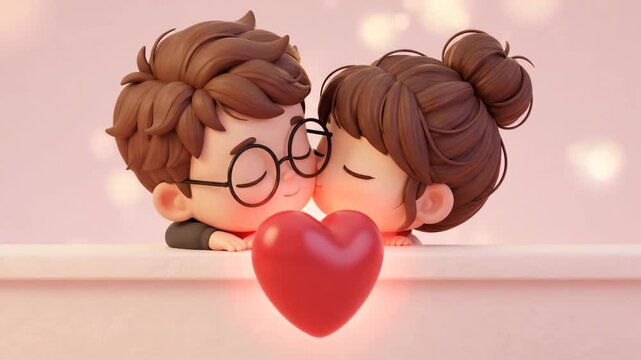 Cute 3d cartoon boy and girl kissing with large red heart and pink background representing innocent love and valentines day romance and happy relationship dating