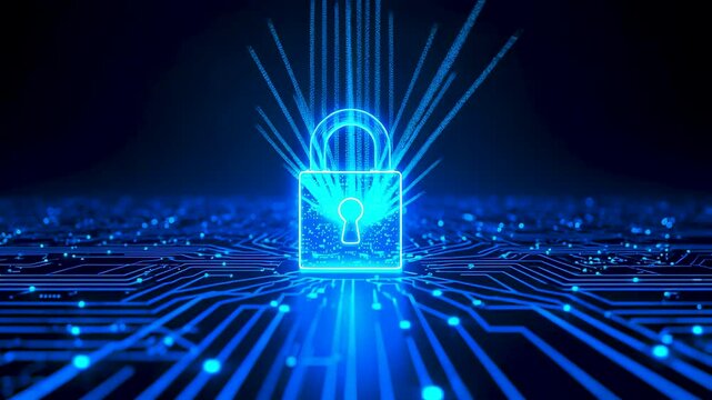 Glowing digital security lock rising above blue data grid with radiant light beams creating a modern cybersecurity and network protection scene