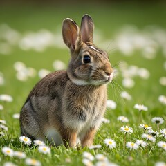 Fototapeta premium Cute Brown Rabbit Sitting in Green Meadow With White Daisies on Spring Day