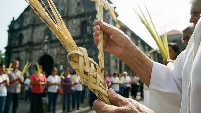 Religious people holding woven palm leaves in front of old church building celebrating palm sunday and entry of jesus into jerusalem during holy week easter tradition