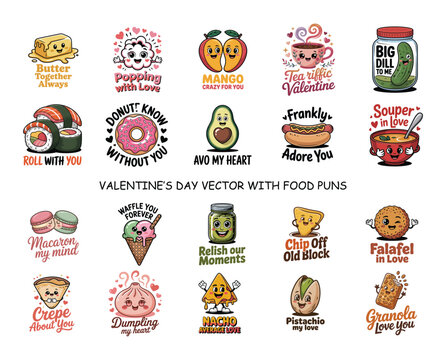 Valentine food puns vector illustrations with cute characters and text Keywords: butter, toast
