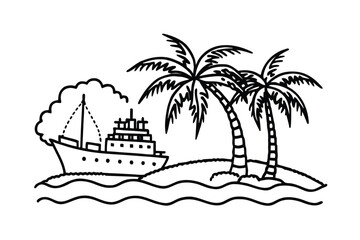 Cruise Ship Docked Near Tropical Island with Palm Trees.