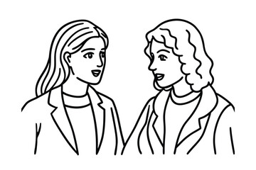 Two women in conversation, line art illustration.