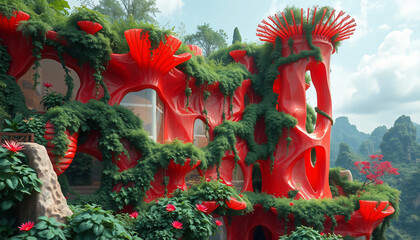 A festive pine Christmas tree stands decorated with red ribbons and green ornaments in a winter park garden during the December holiday season celebration