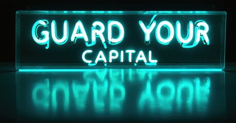 Obraz premium Bright neon sign displays text Guard Your Capital. Reflection visible below, dark background creates contrast. Simple, direct message.