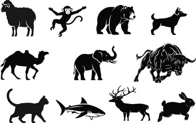 Black silhouettes of various animals on white background