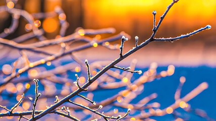 Frozen tree branches covered with ice during winter sunset background
