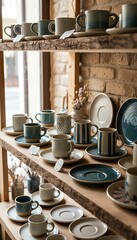 Ceramic mugs and plates are beautifully displayed on rustic wooden shelves in a cozy artisan shop, showcasing handcrafted pottery items.