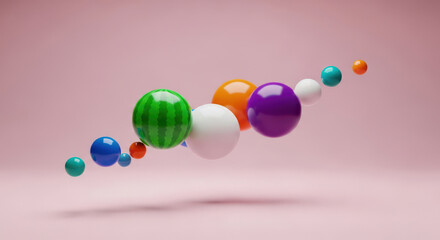A Playful Composition of Colorful Spheres Against a Soft Pink Backdrop Creating a Sense of Levitation and Whimsy with a Watermelon Sphere as a Focal Point