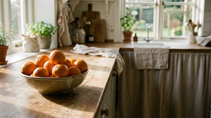 Fresh oranges in a bowl on wooden kitchen countertop with sunlight  