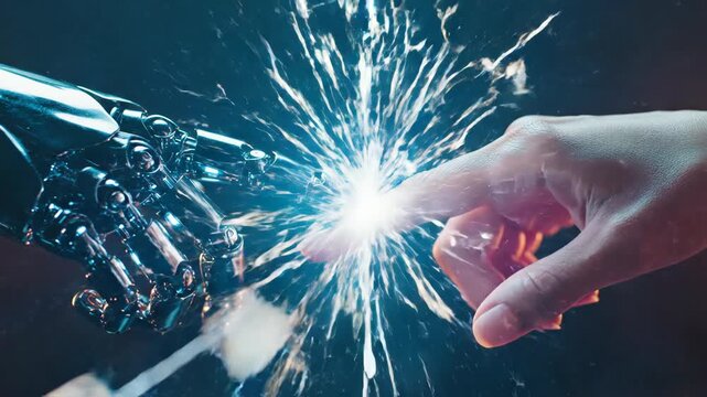 Human finger reaching toward robotic metal finger in extreme closeup. Emerging blue spark at initial contact. Burst of energy from human-machine touch. Concept of artificial intelligence uniting with