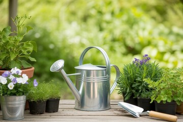 Gardening tools and young plants in pots on a wooden table in a sunny garden background