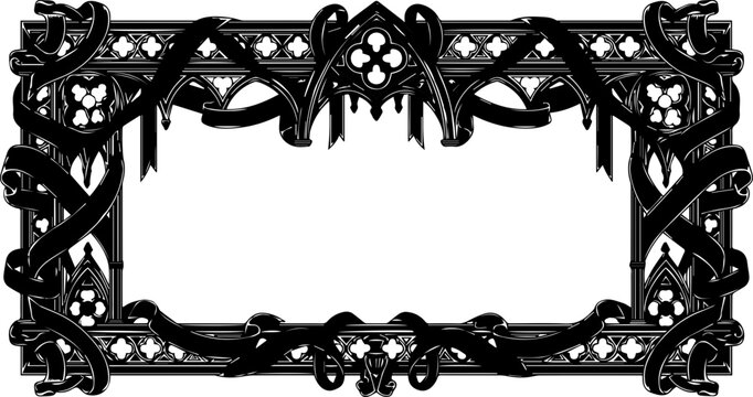Elegant gothic frame with ribbon accents for invitations, announcements, or vintage designs, perfect for adding a touch of old-world charm and ornate detail