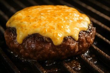 A perfectly cooked cheeseburger patty on a grill with melted cheese on top, showing grill marks and a savory appearance.