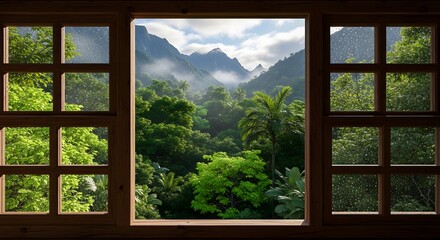 View through a window of lush green forest and mountain landscape background